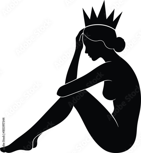 Sad queen silhouette illustration. Depressed woman wearing crown sitting thoughtfully. Elegant female beauty in profile. Vector illustration