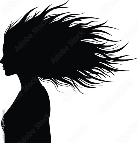 Elegant woman profile graphic silhouette with long flowing hair in wind. Abstract beauty and freedom concept. Vector illustration