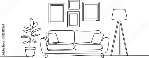 A minimalist continuous line drawing shows a modern living room interior with a sofa and plant