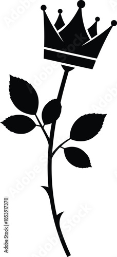 Elegant graphic silhouette of a royal crown on a thorny rose stem. Symbolizing power, beauty, and nature. Vector illustration
