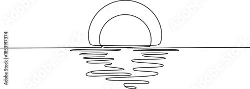 A minimalist continuous line sketch portrays a double arched sun ascending or descending over still water