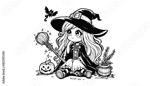 Vector illustration of cartoon halloween witch black and white drawing For children to learn to color according to the picture.