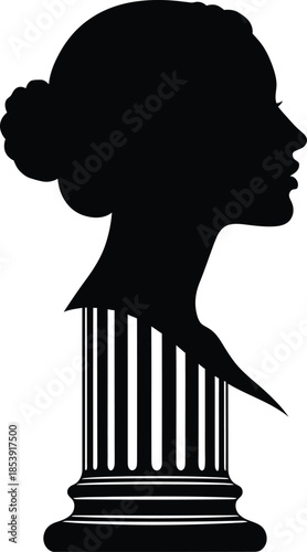 Elegant female profile silhouette on classical column. Womans head with bun. Ancient Greek Roman architecture inspired design. Justice, law, education concept. Vector illustration