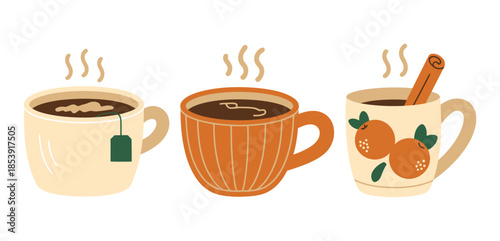 Cozy Fall Beverages. Set of three decorative mugs with hot coffee or tea featuring autumn patterns and warm aesthetic for seasonal lifestyle concepts.