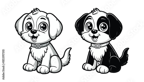 Vector illustration of cartoon puppy black and white drawing For children to learn to color according to the picture.