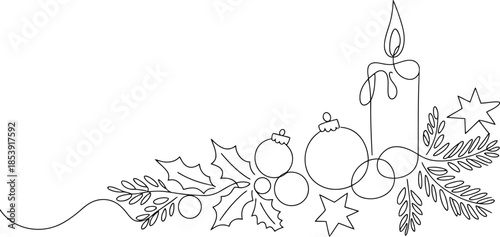 A simple one line drawing illustrates a festive Christmas corner decoration with a candle holly and ornaments