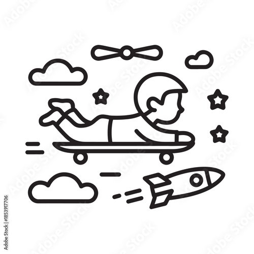 A boy flies through the air on a skateboard with stars and a rocket