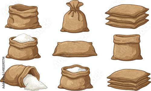 Burlap sack illustration set, grain rice sugar bags, rustic fabric packaging isolated on white background, vintage agriculture storage collection, elements