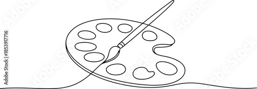 A single continuous line drawing shows an artists paint palette with a paintbrush positioned on its surface