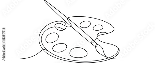 A single continuous line drawing illustrates an artists paint palette featuring many color wells and a brush