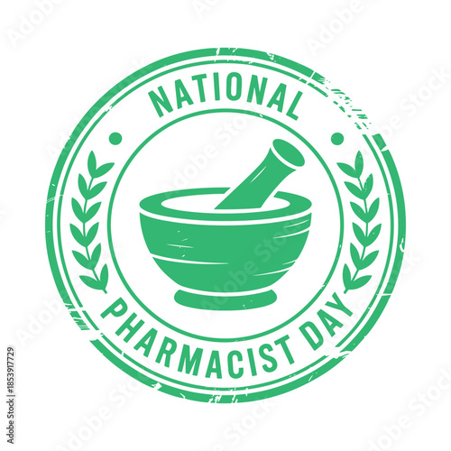 National pharmacist day emblem with mortar and pestle and laurel wreaths