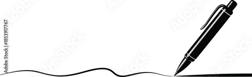 A sleek black pen creates a fluid wavy stroke that transitions into a straight line on a white surface