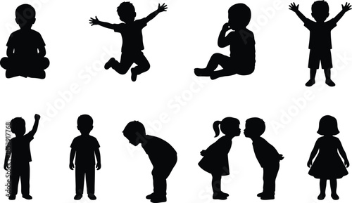 Children silhouette collection, kids playing jumping sitting standing, black child shadows isolated on white background, childhood activity concept illustration