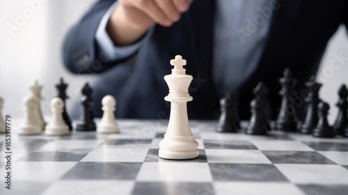 Professional Change Promotion concept. A hand moving a white chess piece on a chessboard during a game.