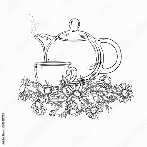 Chamomile Tea in Teapot aroma beverage Outline Illustration. Vector isolated for Design and Decoration for Cafeteria, Posters, Banners, Cards.