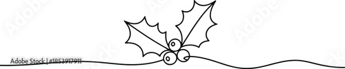 Black continuous line drawing of festive holly with berries on a wavy horizontal line