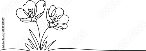 Elegant continuous line drawing featuring two delicate blooming flowers with green leaves