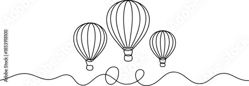 Three elegant hot air balloons float connected by an unbroken wavy line featuring a decorative loop on a white field