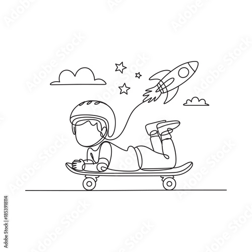 A boy on a skateboard propelled by a rocket dreaming of space travel
