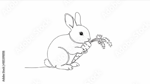 High-quality black continuous line art of baby bunny nibbling a small carrot, cute rabbit, minimalist pet illustration