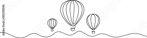 Three hot air balloons with passenger baskets float above a wavy line on a clean white background