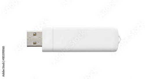 White U S B flash drive with metal connector and loop isolated on a transparent background