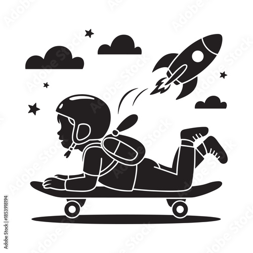 Boy with jetpack flying on a skateboard among clouds and stars