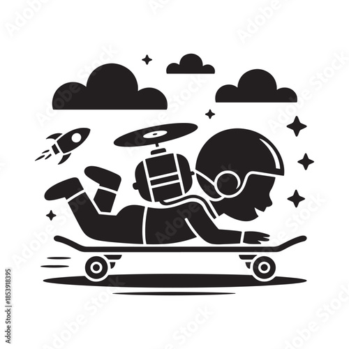 A child pretending to fly on a skateboard with a rocket and clouds
