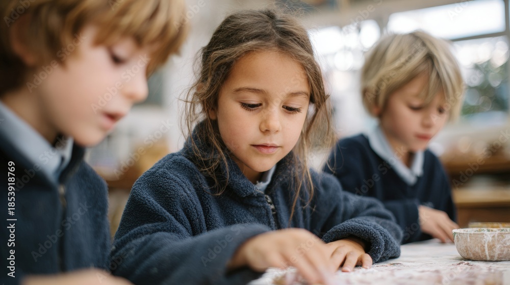 Obraz premium Three young children, two boys and a girl, sitting at a table in a classroom. they are all wearing blue sweaters and appear to be focused on their work.