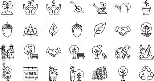 Collection of Line Icons Representing Nature, Plants, Trees, Earth Care, and Environmental Conservation