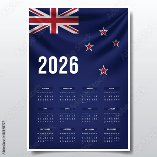 2026 Printable Calendar Design with NEW ZEALAND Flag Theme, Patriotic  NEW ZEALAND Yearly Planner Template