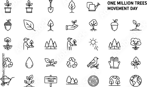"One Million Trees Movement Day" Icons: Nature, Planting, Growth, Sustainability, Ecology, Environment Icons