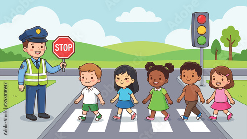 Cartoon traffic police officer holding stop sign helping group of diverse school children cross the road safely at zebra crossing, vector illustration.
