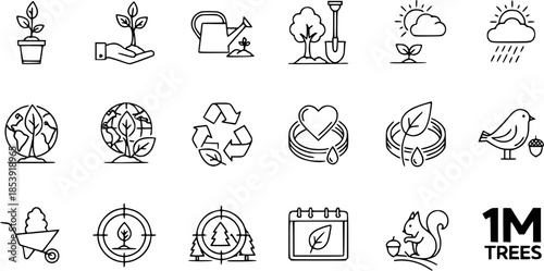 Eco-friendly Plant Growth, Gardening, Nature Conservation, and Sustainability Icons