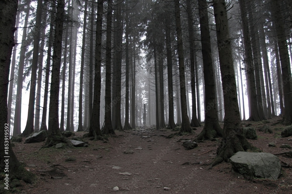 Fototapeta premium Misty path leads through a dense, tall, dark forest