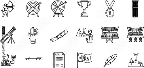 Detailed Archery Sport Line Icons Set: Bow, Arrow, Target, Quiver, Arm Guard, Stadium, Medal, and Tournament Equipment Symbols.
