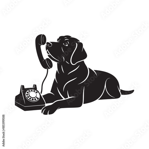 A black labrador retriever playfully using a vintage rotary telephone