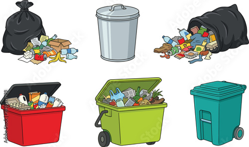 Garbage and recycling illustration set, trash bags bins containers, waste management cleanup concept isolated on white background, cartoon vector collection