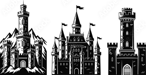 Medieval castle fortress vector, fantasy royal stronghold silhouettes, ancient towers illustration, historic architecture icons, black cad drawing flat vector illustration