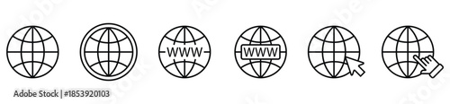 Global Internet Connection Icon Collection. Globe and www symbols representing worldwide web access and digital networking.