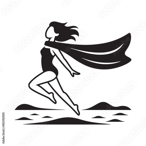 A dynamic illustration of a woman in a cape appearing to fly or run