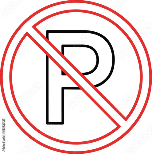 No parking prohibition sign with letter P crossed symbol, traffic regulation warning icon, road safety signage graphic, cad drawing flat vector illustration