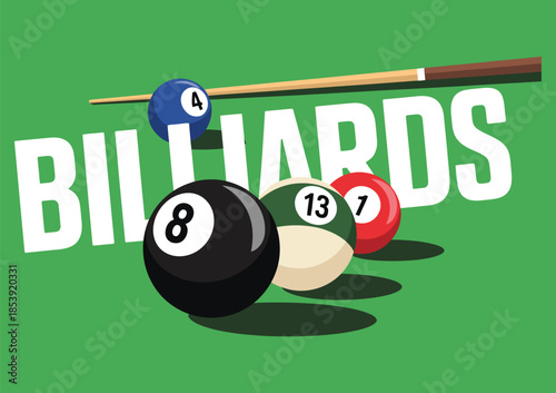 Billiards Ball Motion Illustration: Dynamic vector graphic of pool balls moving on a green table background with professional billiards typography for sports clubs.