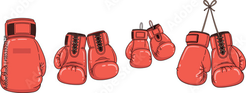 Red boxing gloves set illustration sport equipment collection fighting training fitness concept isolated white background cad drawing flat vector illustration