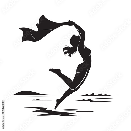 A graceful silhouette of a woman jumping with fabric flowing in the wind