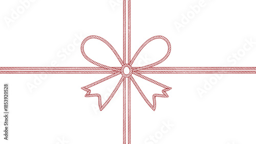 Red ribbon bow gift wrapping line art cross decoration minimal festive design for holiday packaging cad drawing flat vector illustration