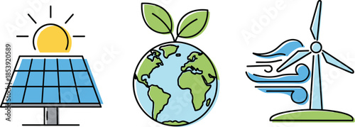 vRenewable energy concept illustration featuring solar panel earth eco leaves and wind turbine for sustainable green power future worldwide development