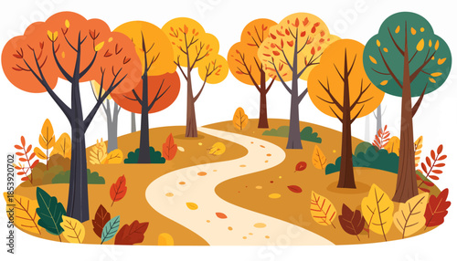 Whimsical autumn forest path illustration with vibrant fall foliage and winding trail. Cartoon landscape depicting a peaceful seasonal scene