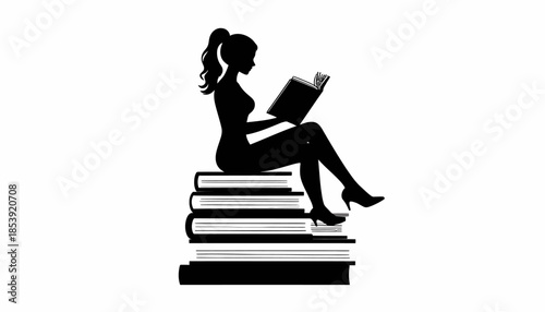 Silhouette of a woman reading a book while sitting on a stack of books, symbolizing education and knowledge