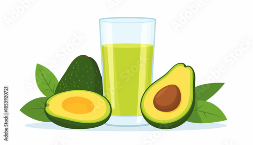 Refreshing green avocado juice served in a clear glass with ripe whole and halved avocados, perfect for healthy nutrition, natural food, and a delicious vegetarian drink option